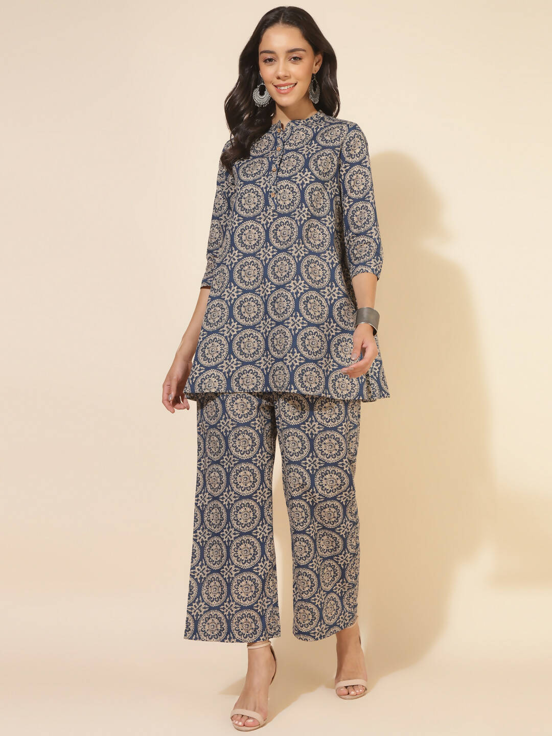 Janasya Women's Blue Cotton Ethnic Motifs Casual Regular Co-ords