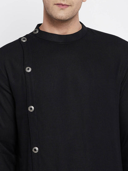 Even Apparels Black Pure Cotton Men's Sherwani Kurta With Asymetrical Cut