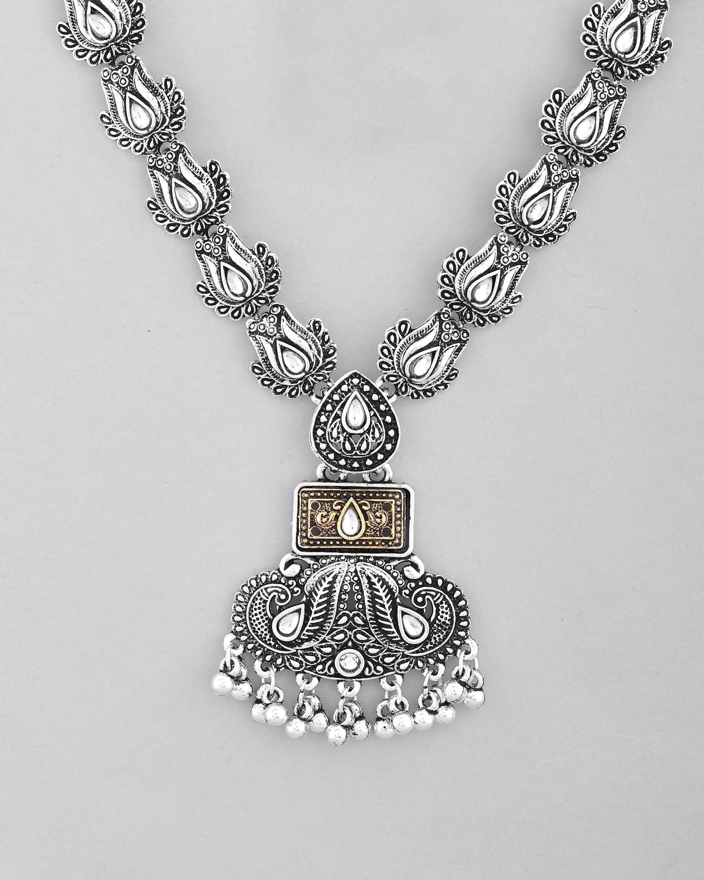 VOJ Dual Toned Oxidized Necklace With Earrings Set