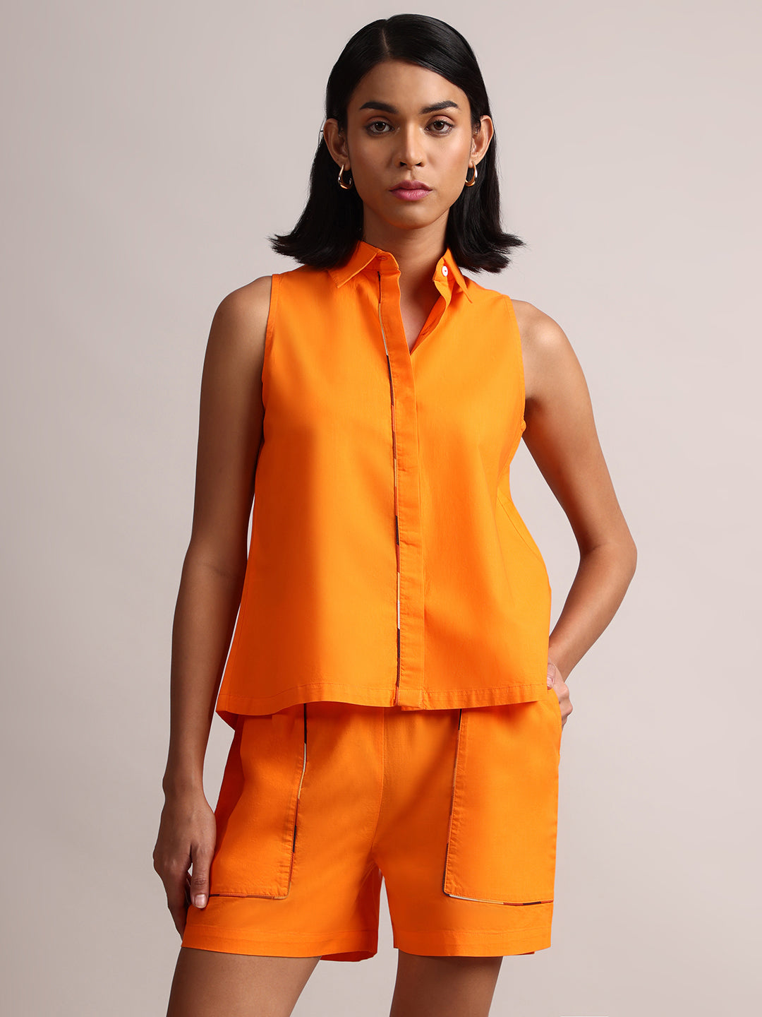Zaccai Women's Orange Poplin Solid Co-Ords