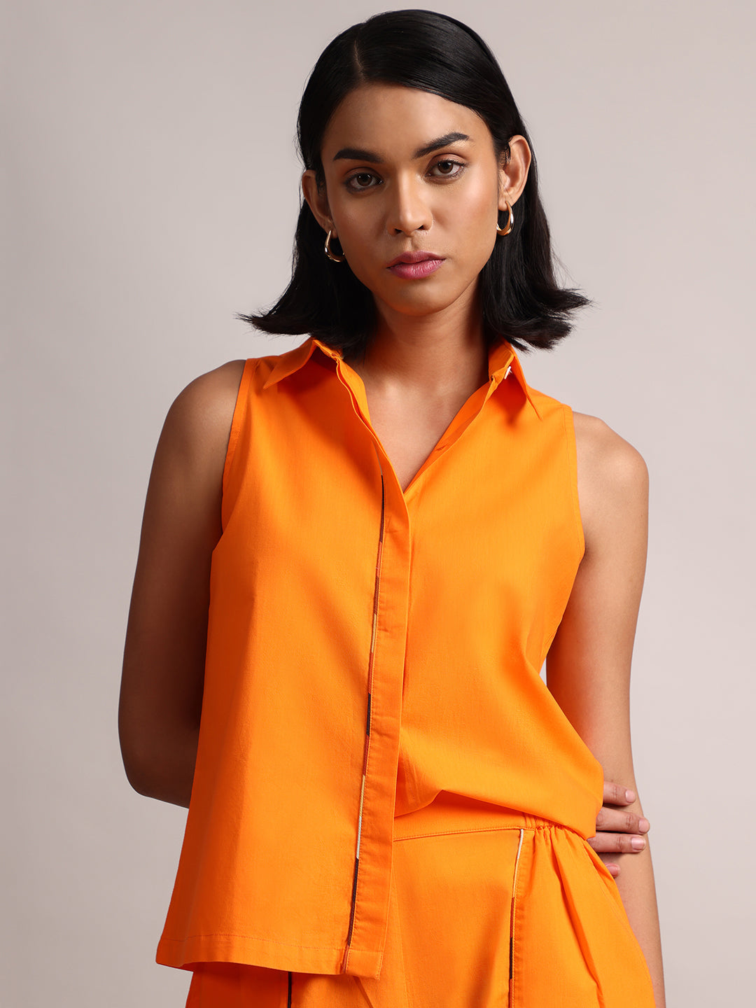 Zaccai Women's Orange Poplin Solid Co-Ords