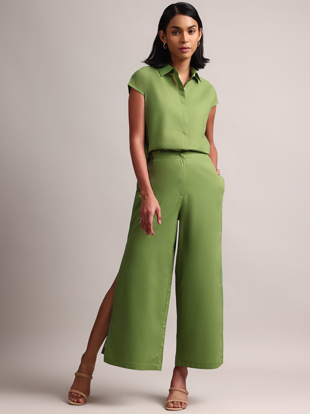 Zaccai Women's Green Cambric Solid Co-Ords