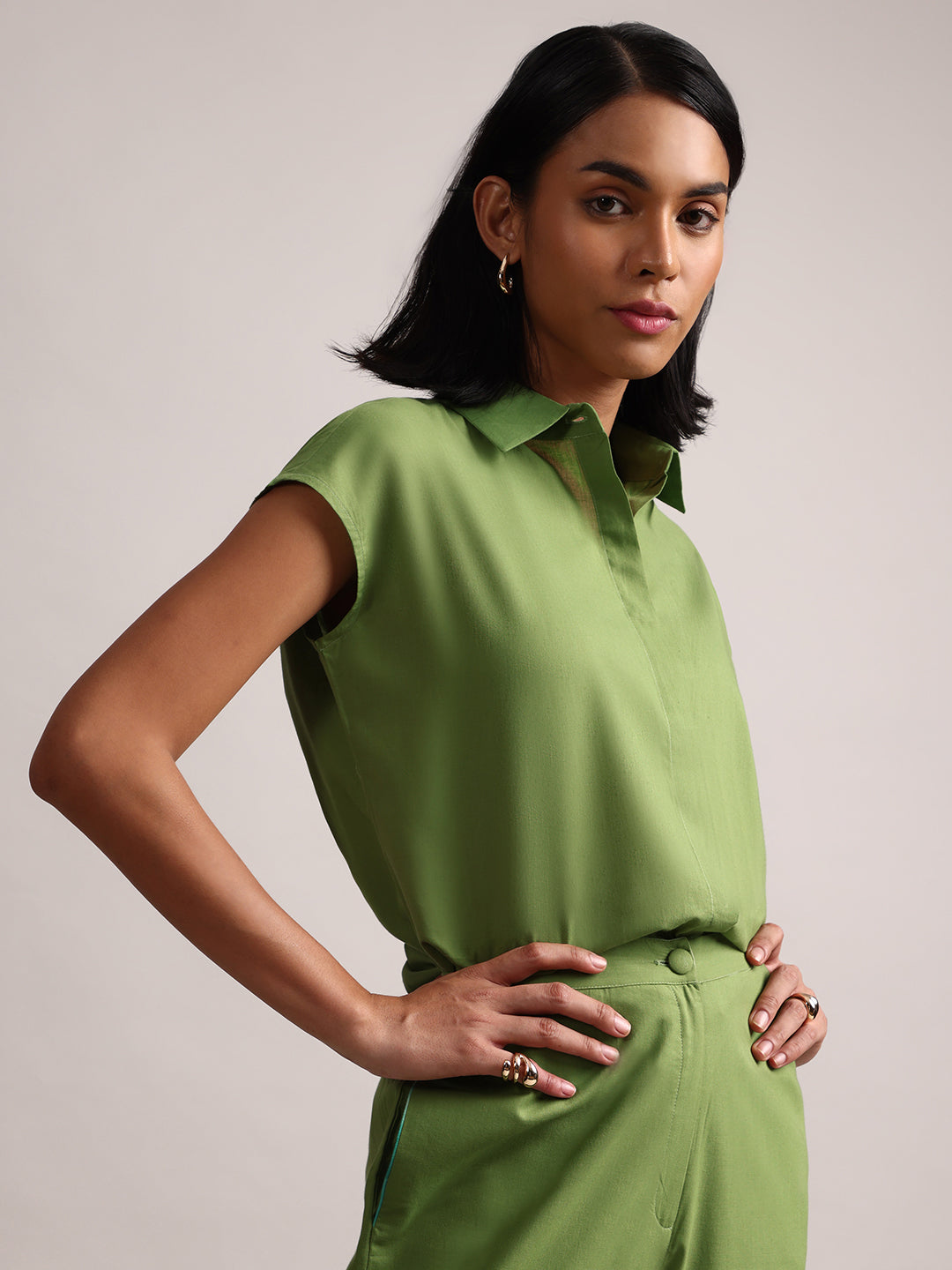 Zaccai Women's Green Cambric Solid Co-Ords