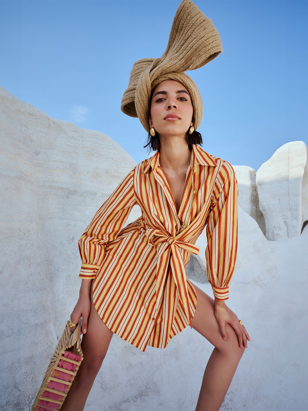 Zaccai Women's Yellow Poplin Striped Dress