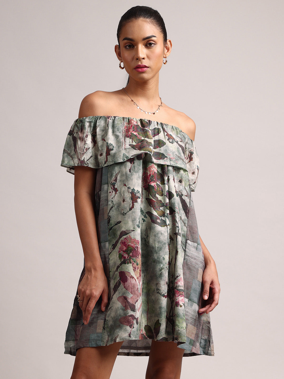 Zaccai Women's Grey Cotton Linen Floral Dress