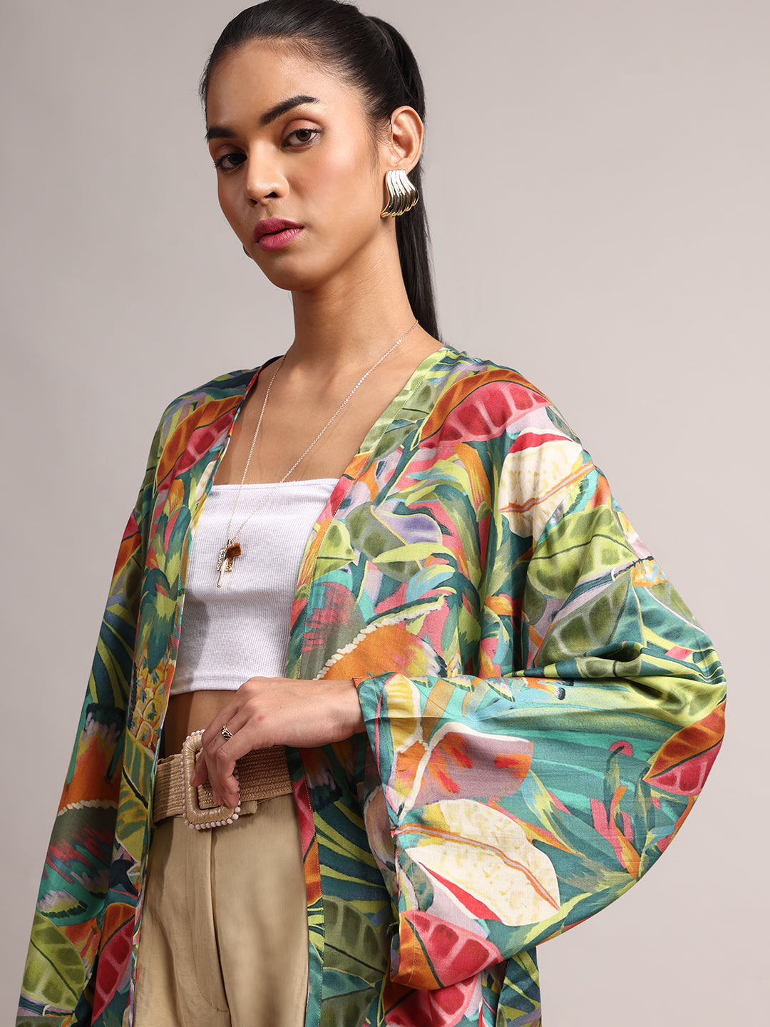 Zaccai Women's Green Muslin Tropical Shrug