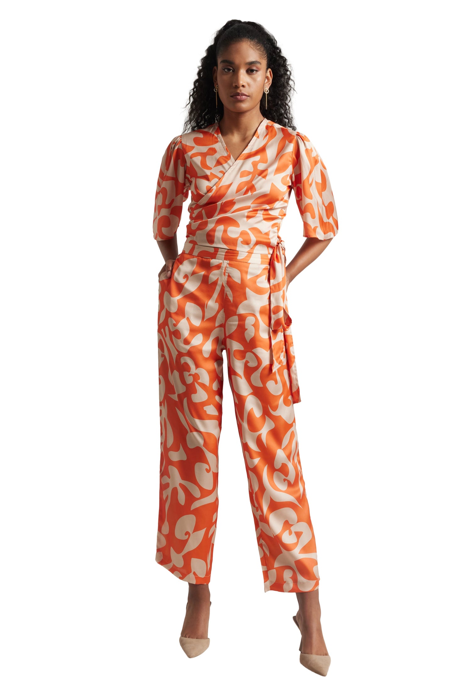 Zaccai Women's Orange Satin Abstract Co-ord Set