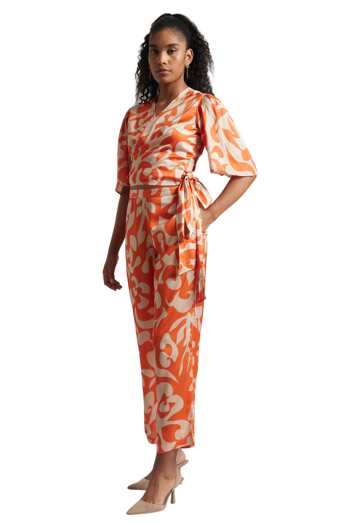 Zaccai Women's Orange Satin Abstract Co-ord Set