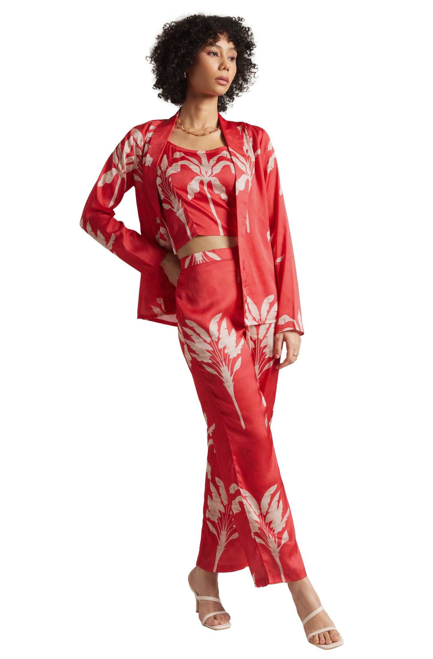 Zaccai Women's Red Satin Printed Co-ord Set