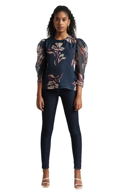 Zaccai Women's Navy Blue Organza Floral Top
