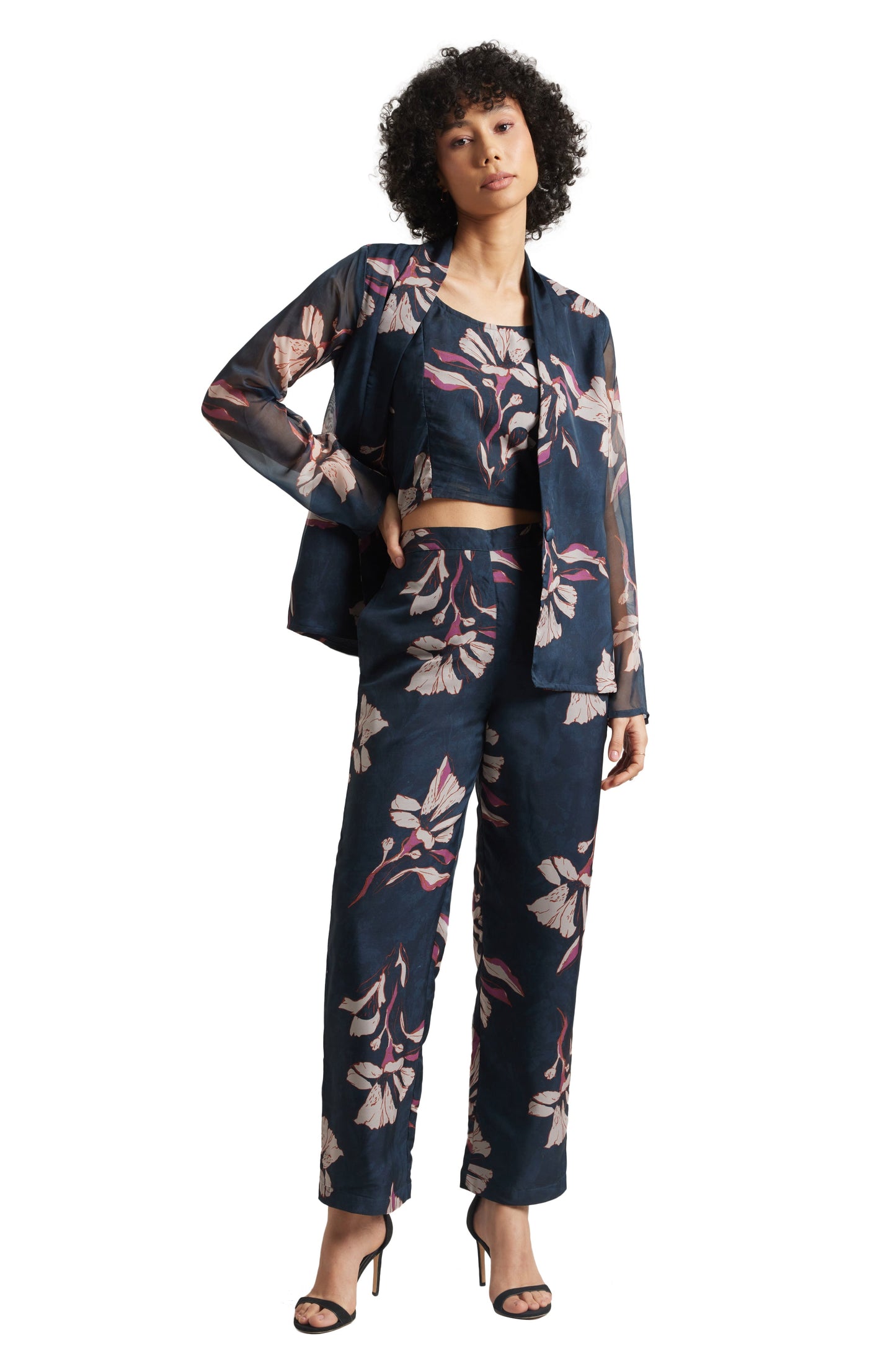 Zaccai Women's Navy Organza Floral Co-ord Set