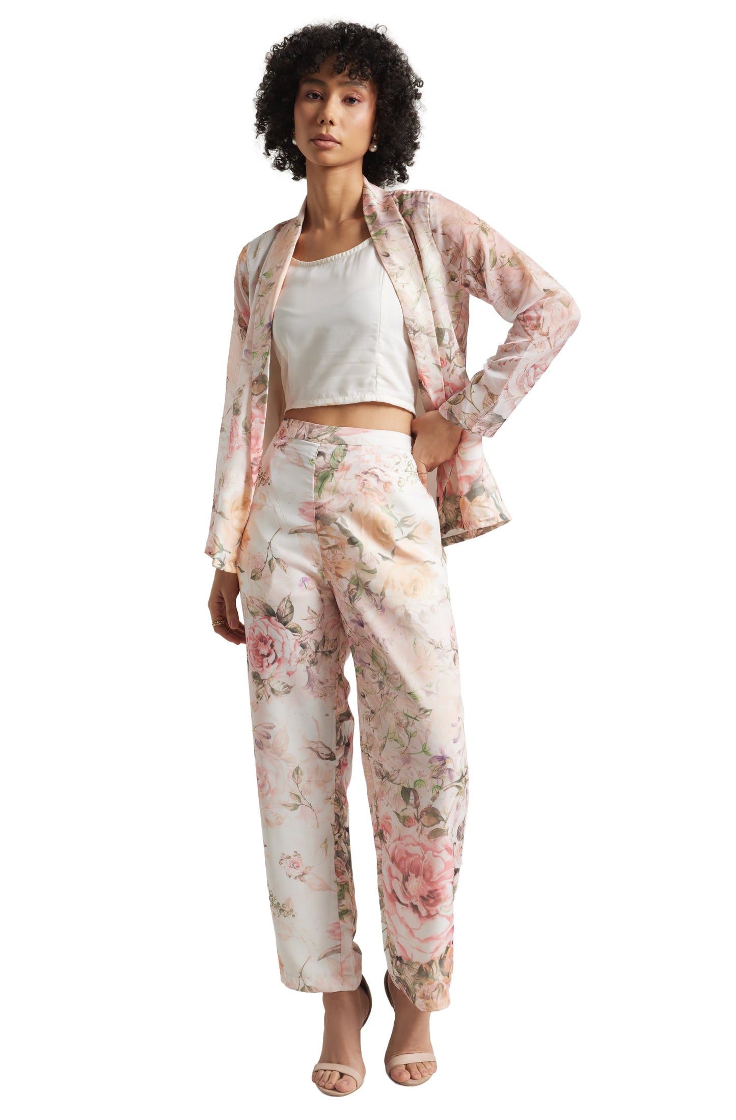Zaccai Women's Beige Organza Floral Co-ord Set