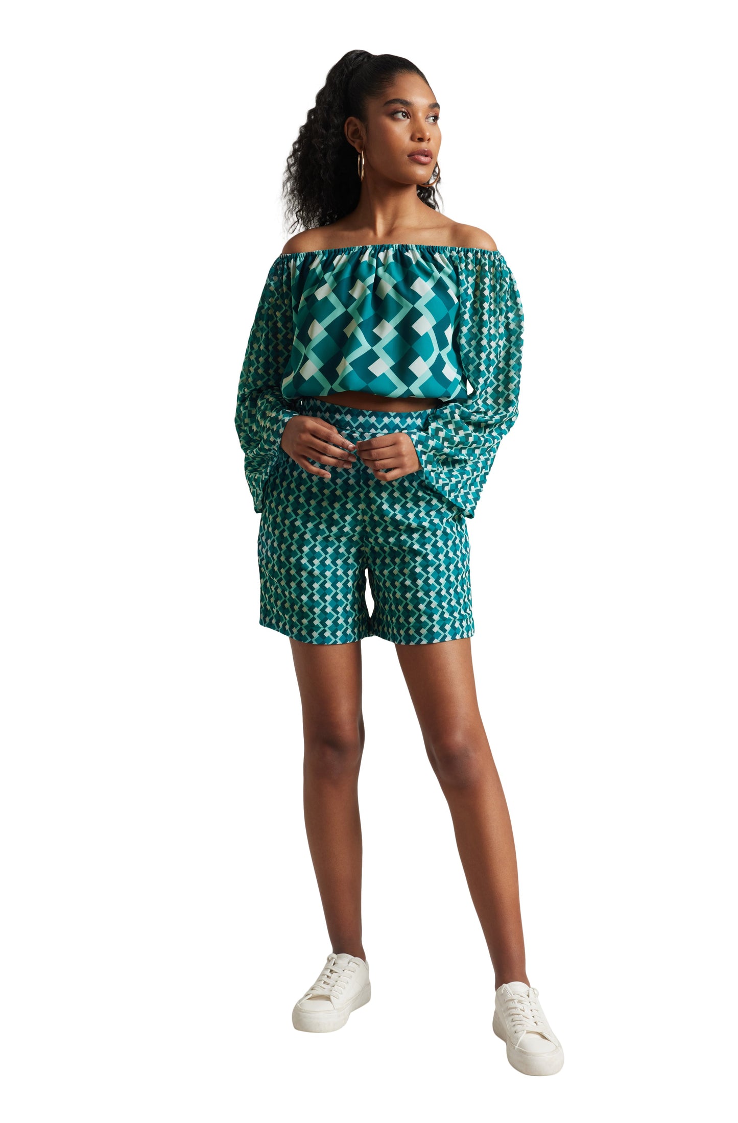Zaccai Women's Teal Georgette Geometric Co-ord Set