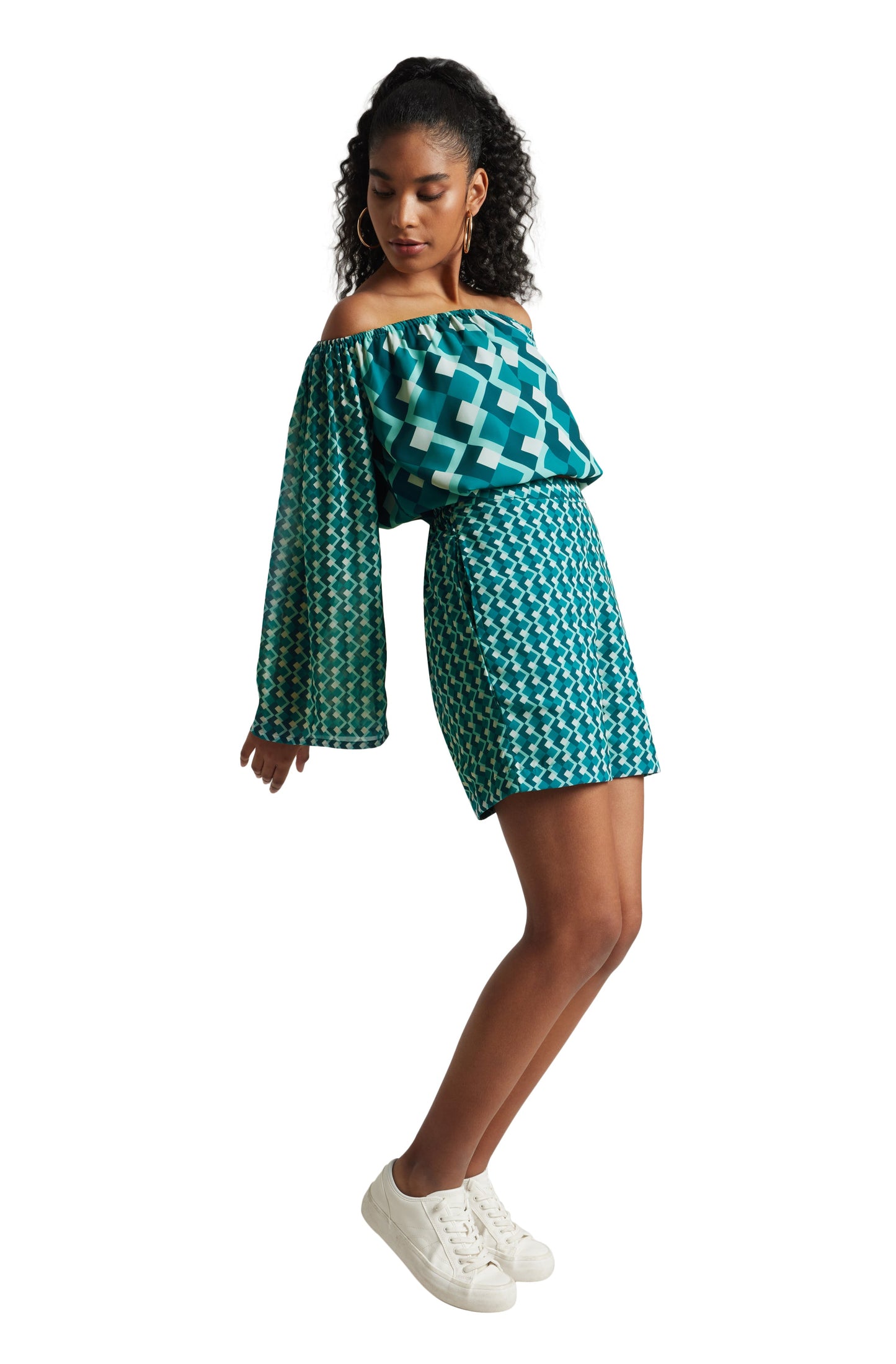 Zaccai Women's Teal Georgette Geometric Co-ord Set