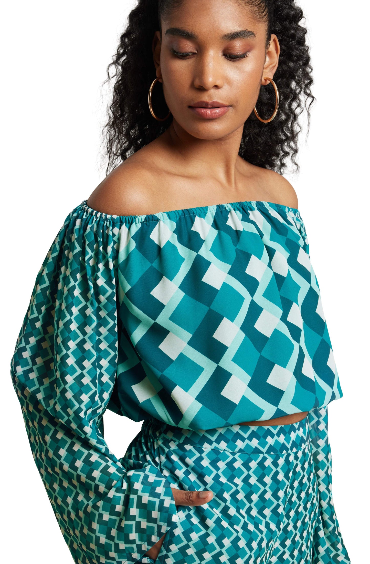 Zaccai Women's Teal Georgette Geometric Co-ord Set