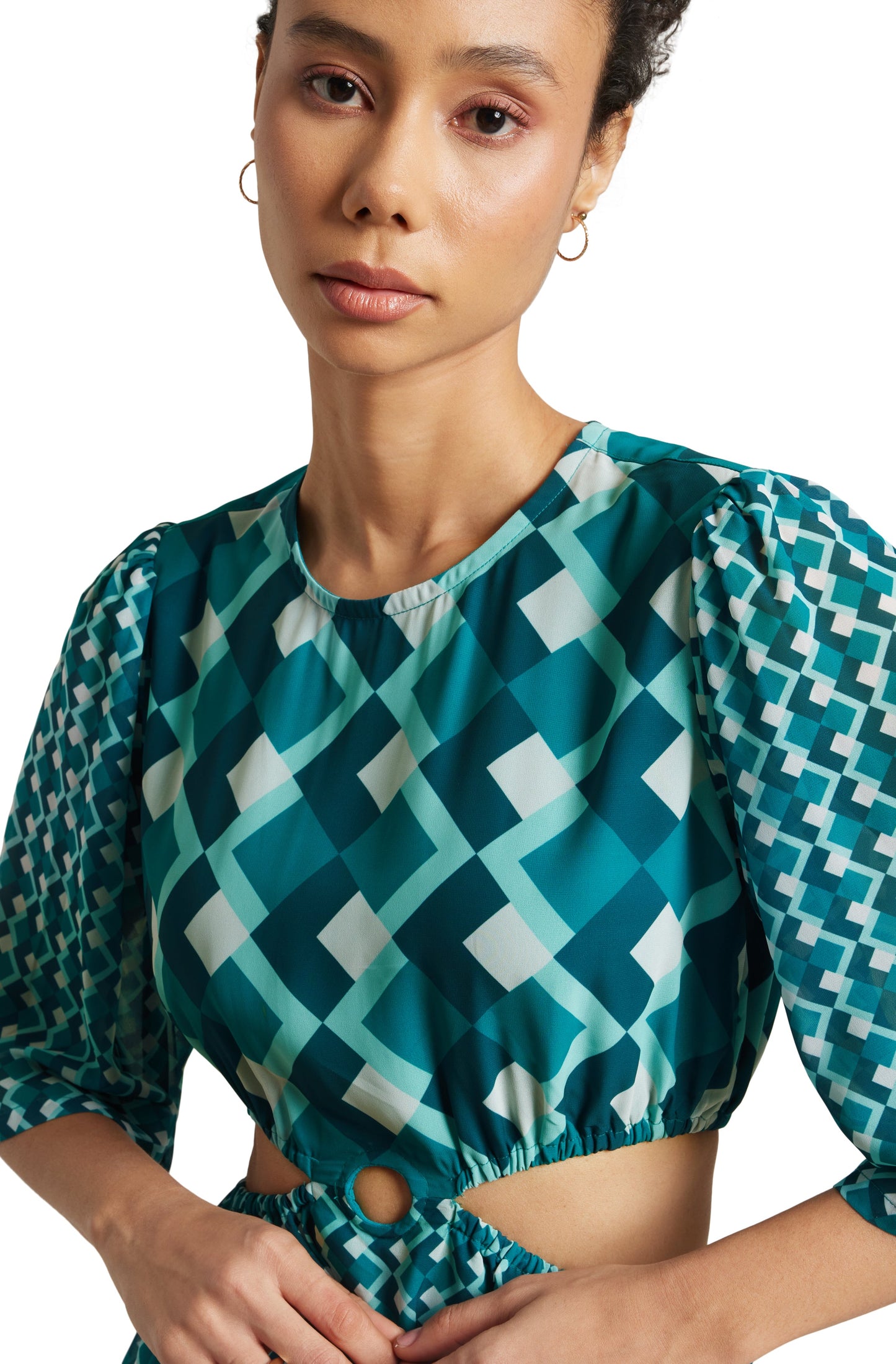 Zaccai Women's Teal Georgette Geometric Dress