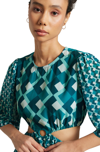 Zaccai Women's Teal Georgette Geometric Dress
