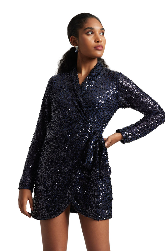 Zaccai Women's Navy Blue Poly Elastane Sequined Dress