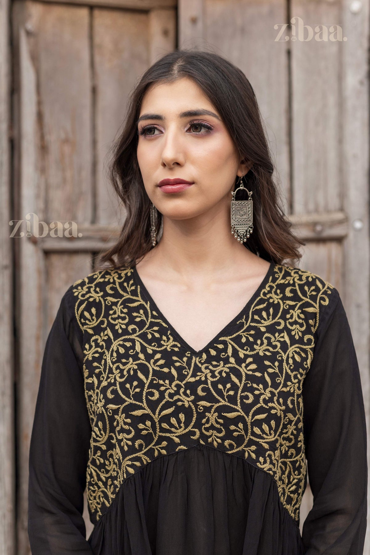 Zibaa Black Georgette Nyra Cut Chikankari Kurti