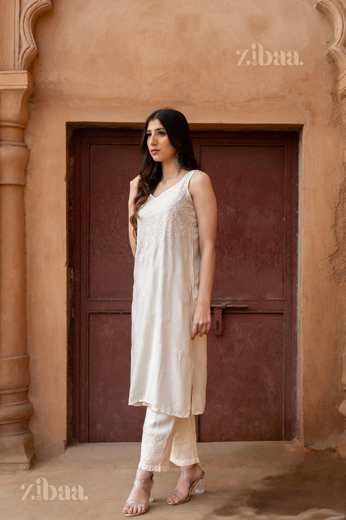Zibaa Ivory Muslin Chikankari Co-ord Set
