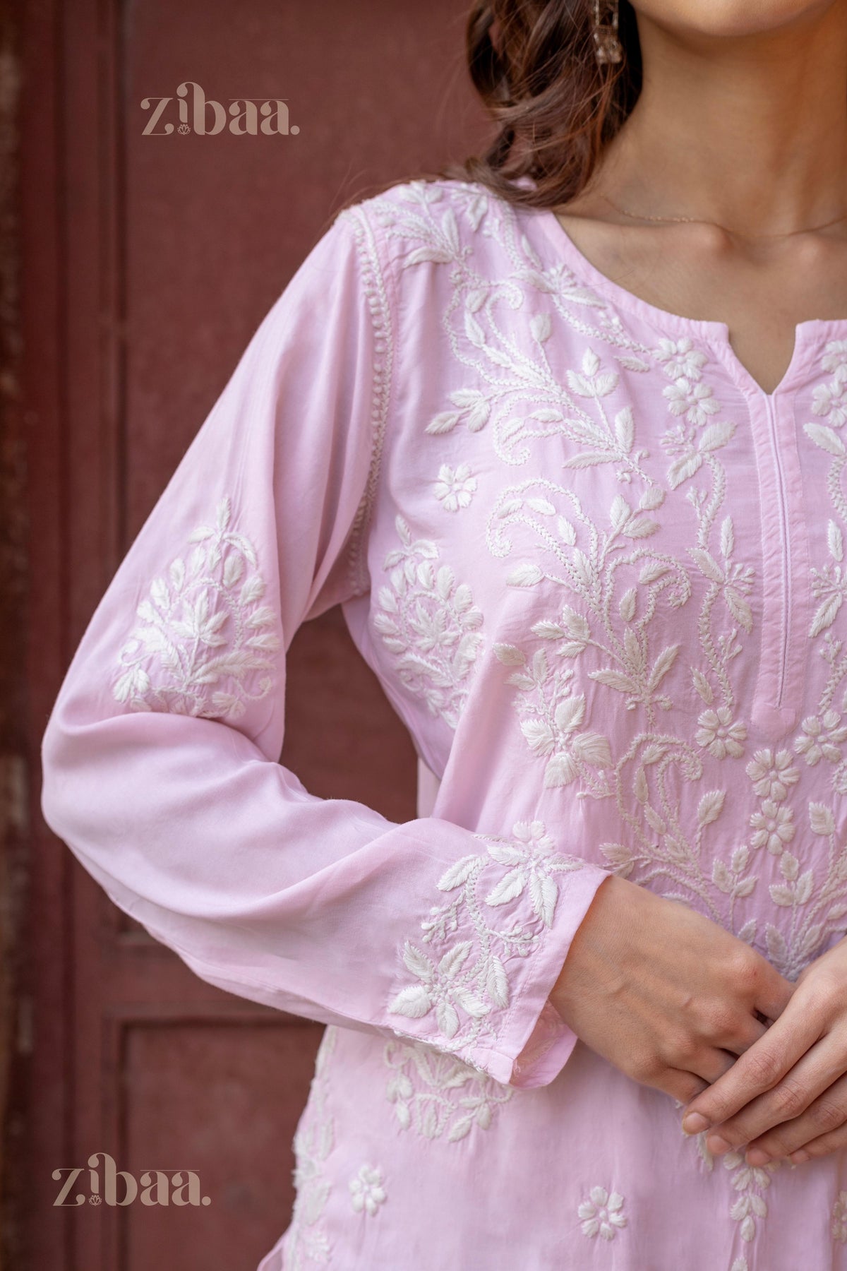 Zibaa Modal Blush Pink Long Chikankari Kurti
