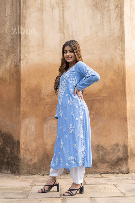Zibaa Modal Powder Blue Long Chikankari Kurti