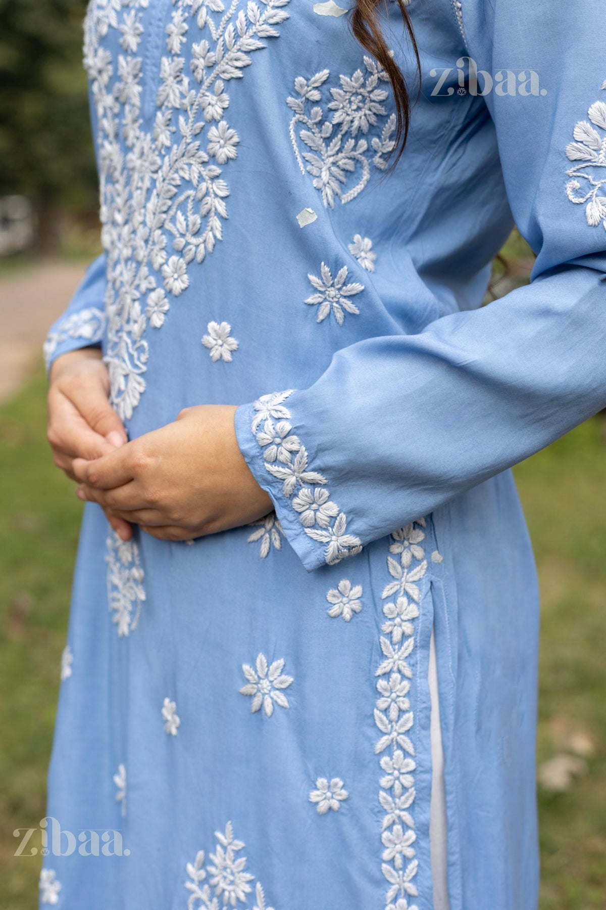 Zibaa Modal Powder Blue Long Chikankari Kurti