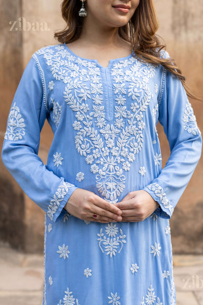 Zibaa Modal Powder Blue Long Chikankari Kurti