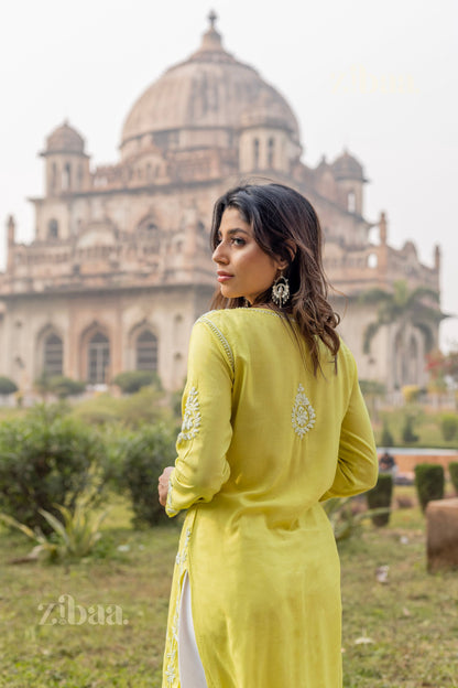 Zibaa Modal Olive Green Long Chikankari Kurti