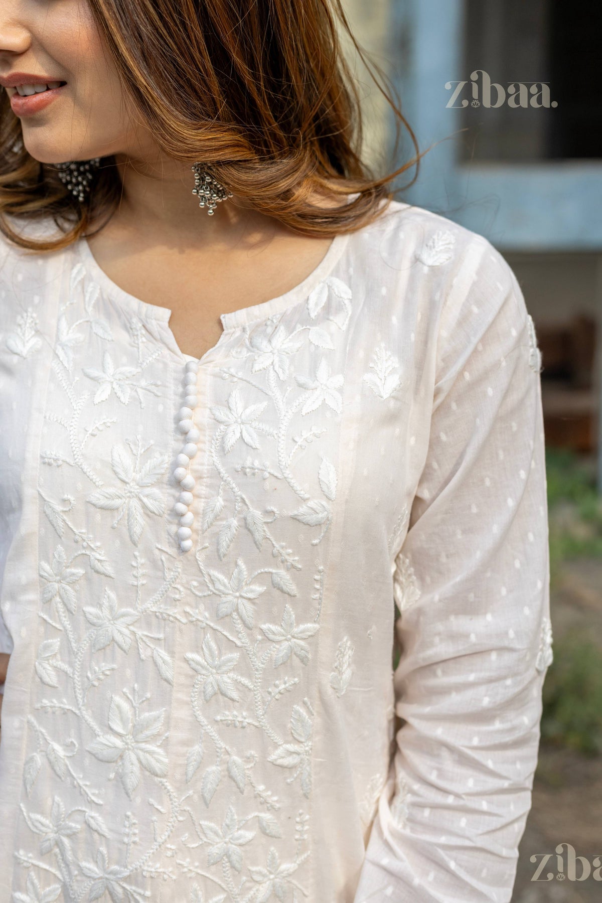 Zibaa Cotton Ivory Chikankari Anarkali