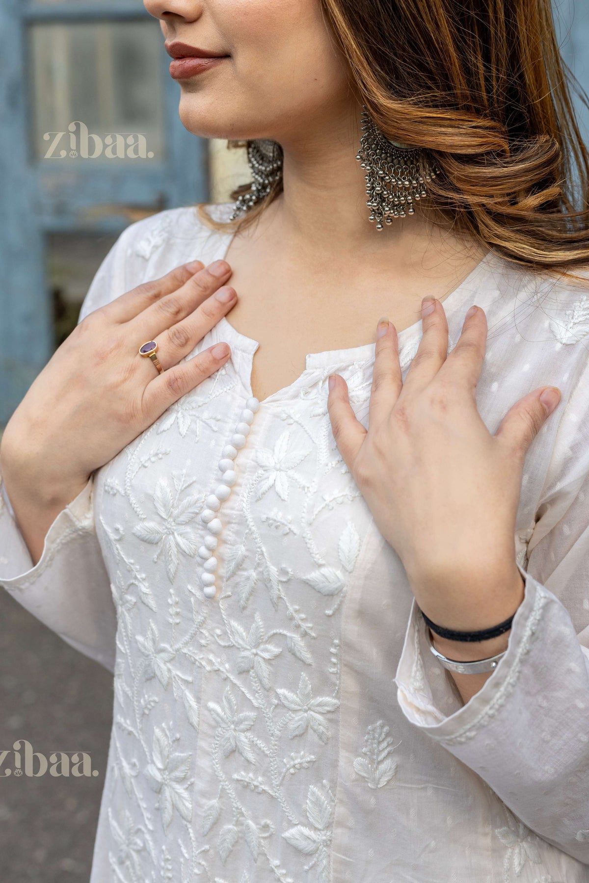 Zibaa Cotton Ivory Chikankari Anarkali