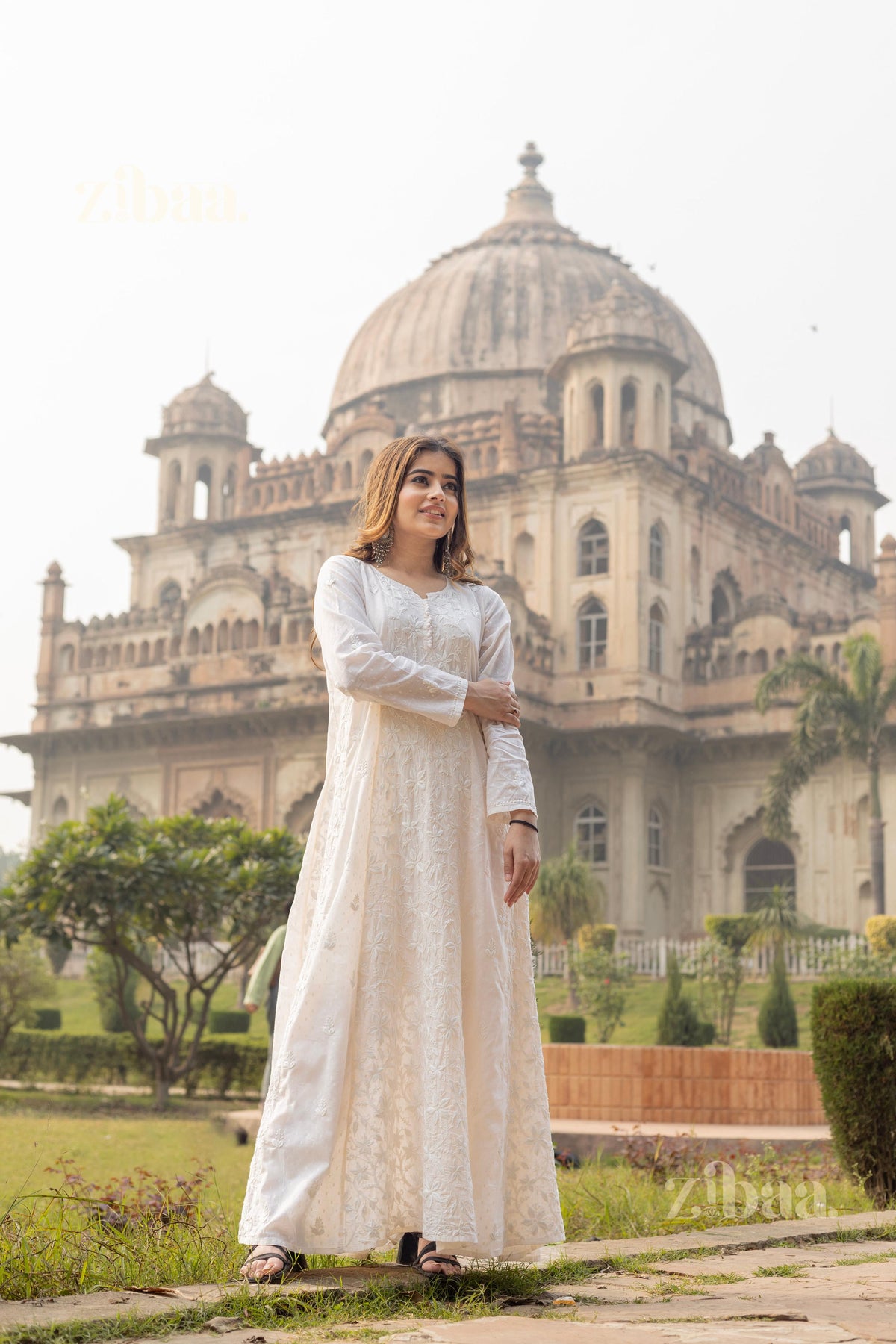 Zibaa Cotton Ivory Chikankari Anarkali