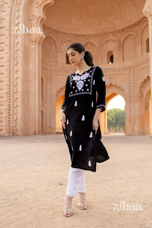 Zibaa Modal White & Black Chikankari Kurti