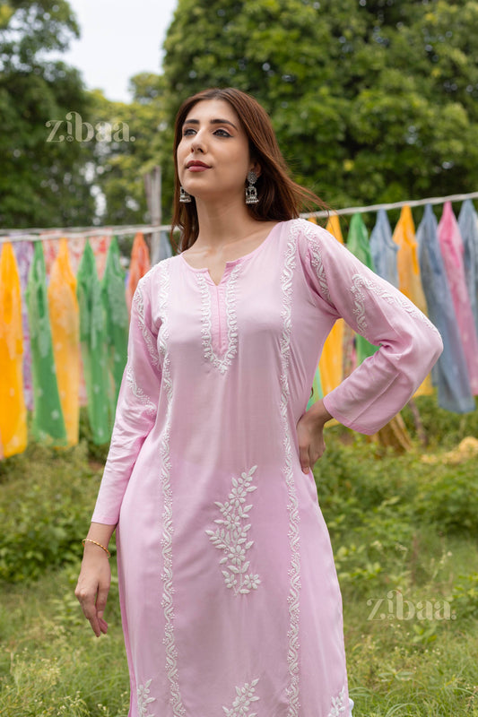 Zibaa Modal Pink Chikankari Kurti
