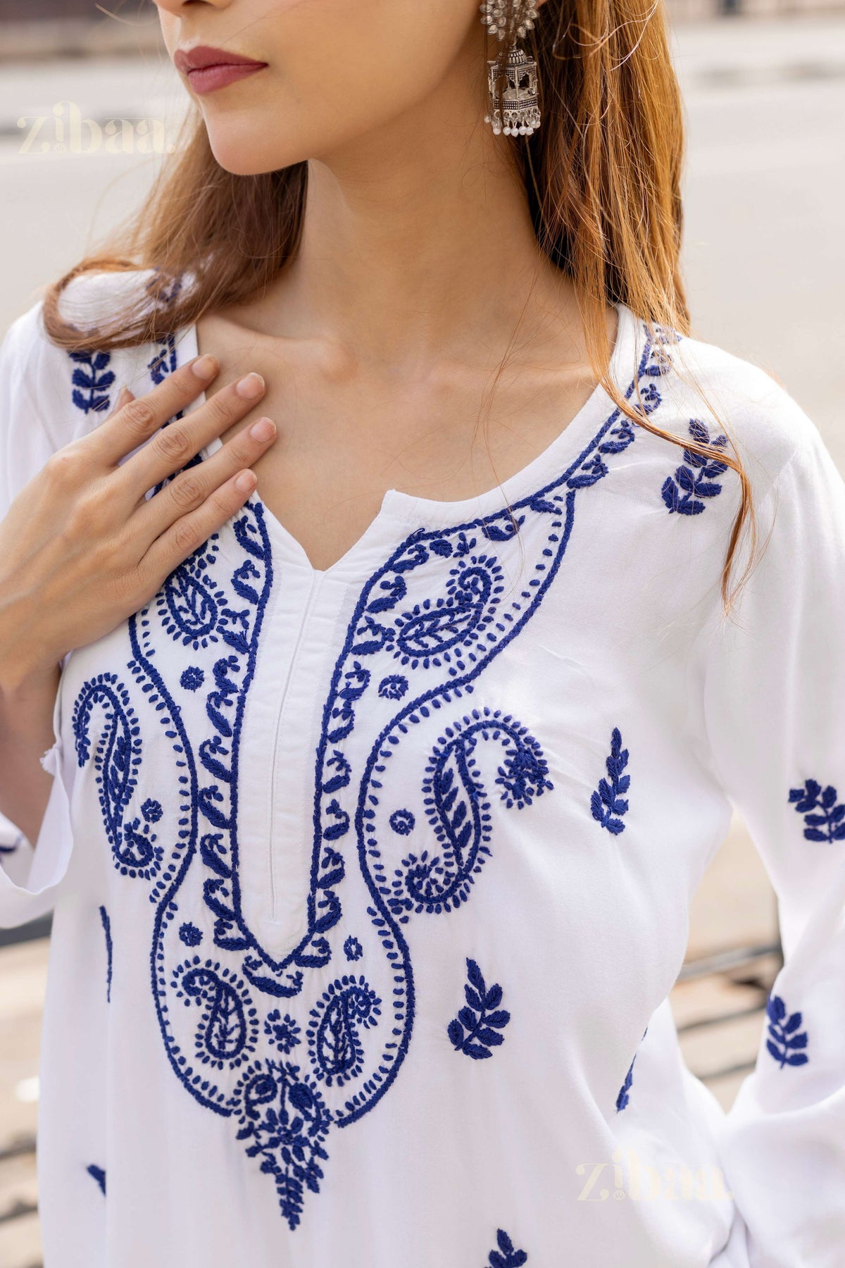 Zibaa Rayon White Chikankari Kurti with small motifs