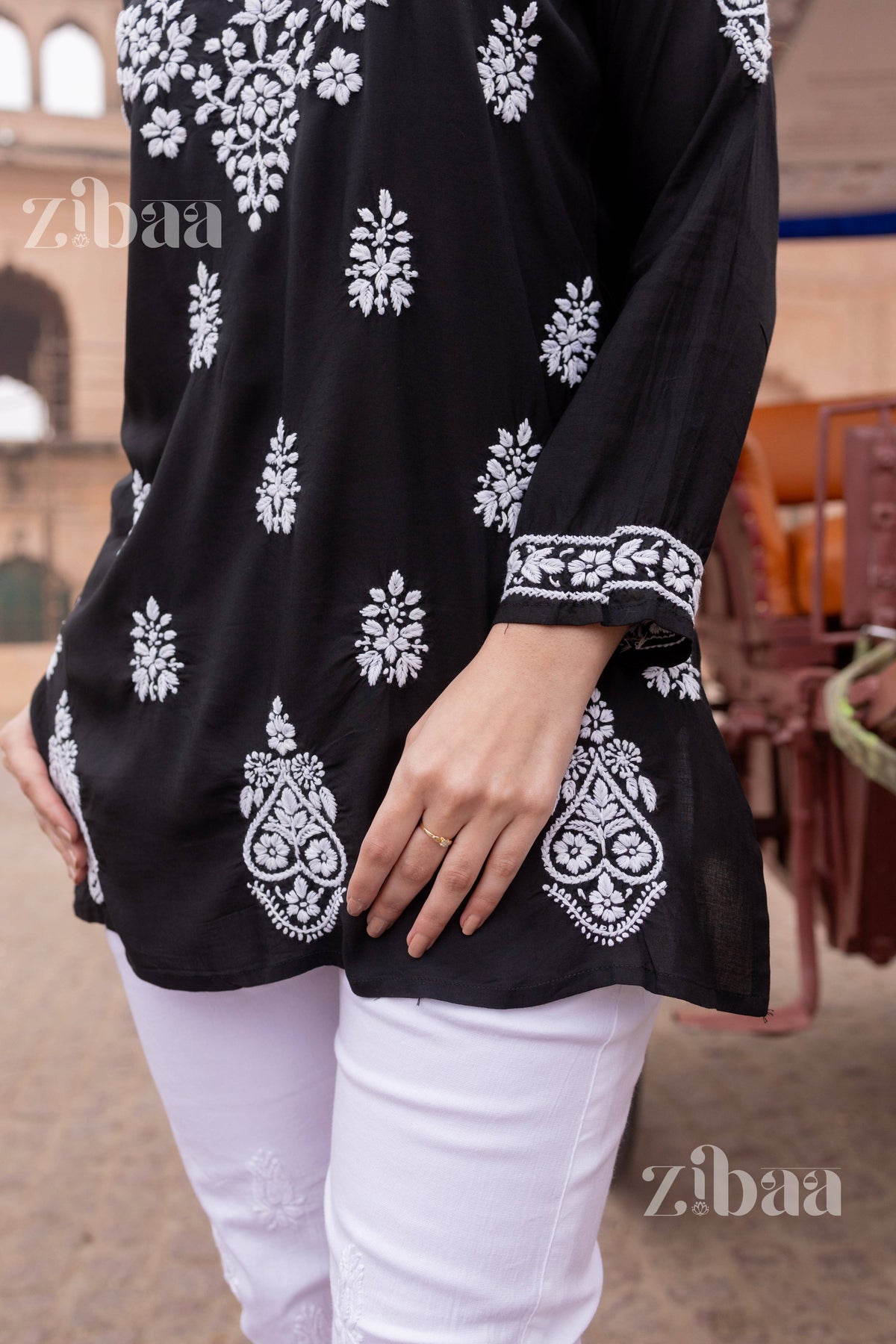Zibaa Modal Black Short Chikankari Kurti