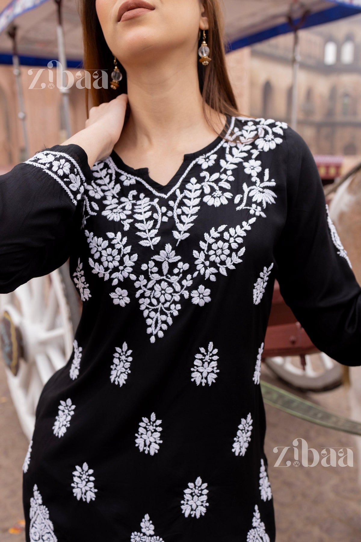 Zibaa Modal Black Short Chikankari Kurti