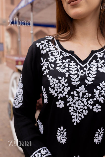 Zibaa Modal Black Short Chikankari Kurti
