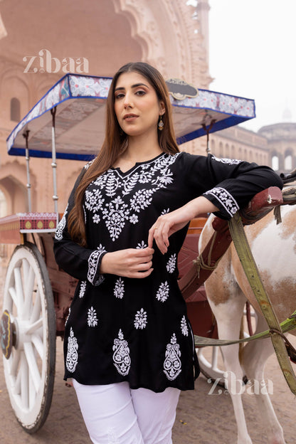 Zibaa Modal Black Short Chikankari Kurti