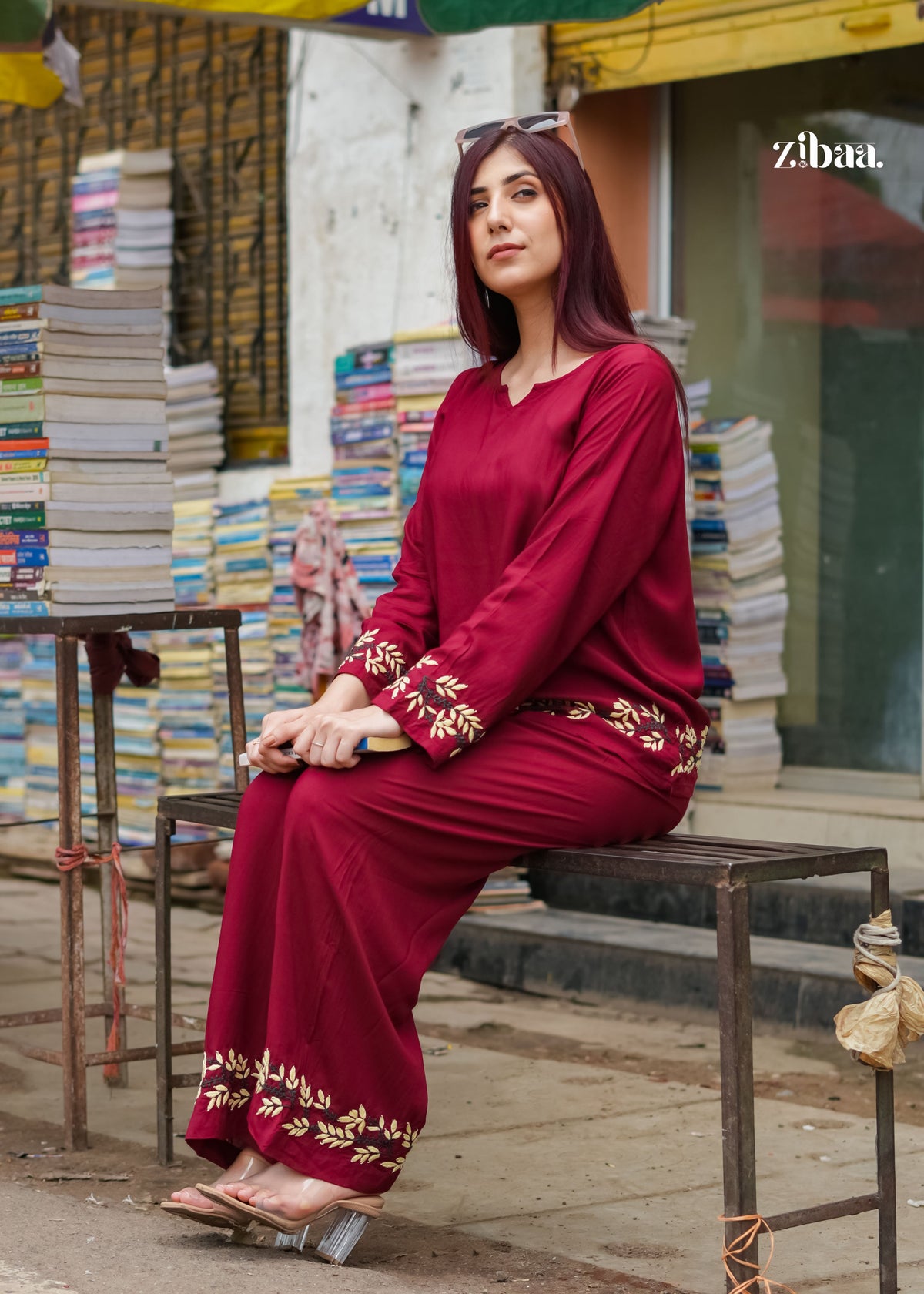 Zibaa Deep Burgundy Luxury Rayon Chikankari Coord Set