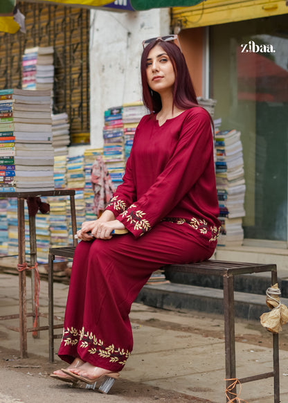 Zibaa Deep Burgundy Luxury Rayon Chikankari Coord Set