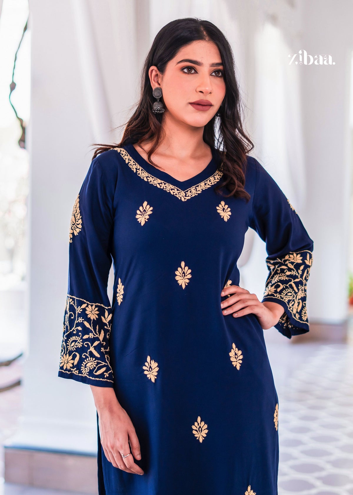 Zibaa Blue & Gold Luxury Rayon Chikankari Kurta