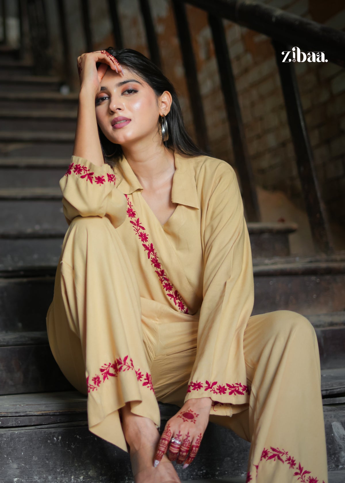 Zibaa Beige Rayon Chikankari Co-ord Set