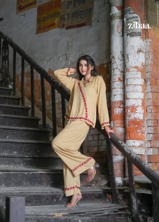 Zibaa Beige Rayon Chikankari Co-ord Set