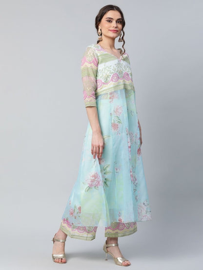 Ahalyaa Women Sea Green Organza Romantic Florals Kurta Palazzo Set