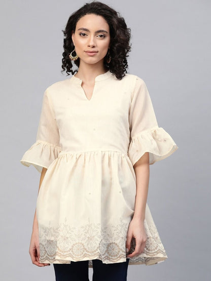 Ahalyaa Women Cream-Coloured Chanderi Ethnic Print Tunic