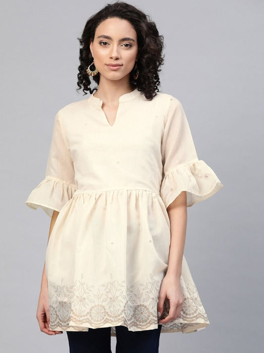 Ahalyaa Women Cream-Coloured Chanderi Ethnic Print Tunic