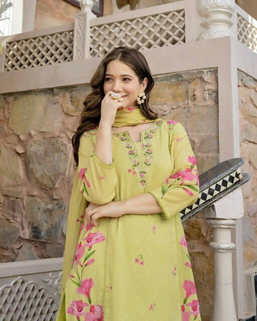 The52 Lemons Women's Beautiful Chanderi Fabric Printed Work Straight Kurta Pant and Dupatta Set