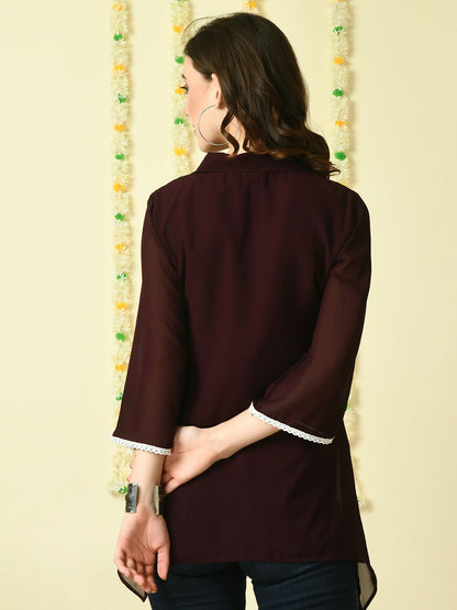 Myshka Women's Coffee Brown Embroidered Party Fusion Top