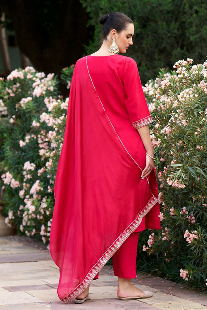 The52 Red Women's Gorgeous Embroidered Rayon Slub Fabric Straight Kurta Pant with Dupatta Set